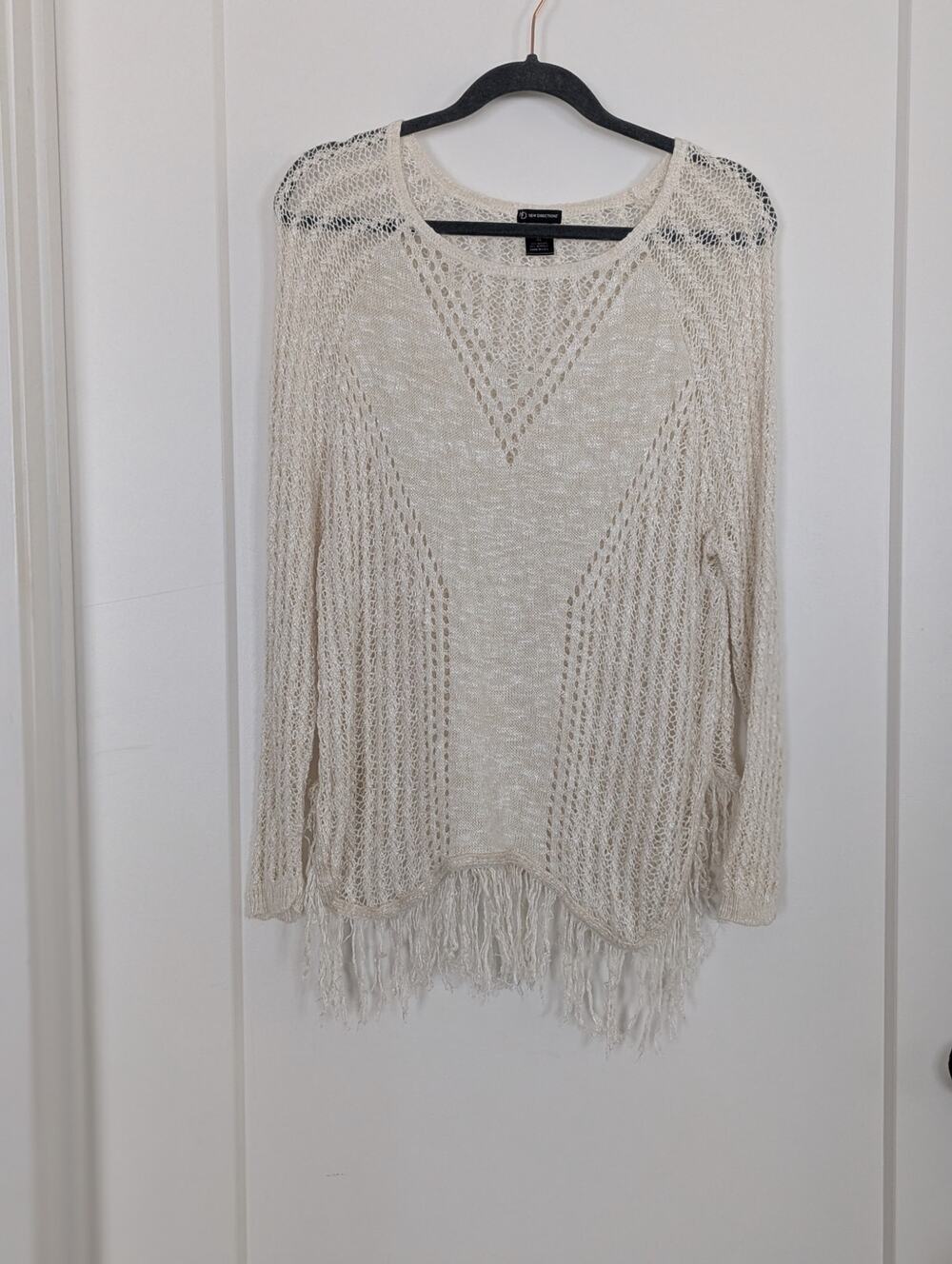 New Directions Womens XL Cream Off White Open Fringe Hem Sweater Pullover